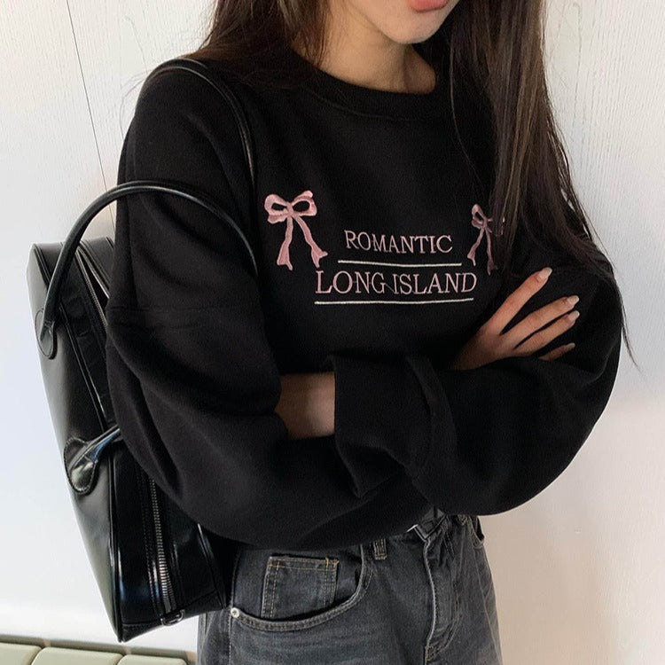 Retro Bowknot Embroidered Oversized Terry Sweater