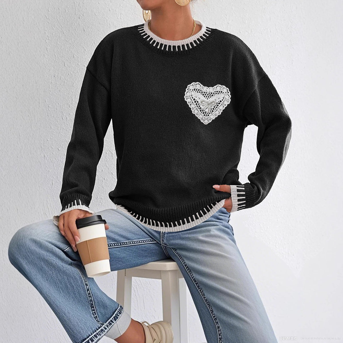 Women's Color Contrast Patchwork Pullover Loose Sweater