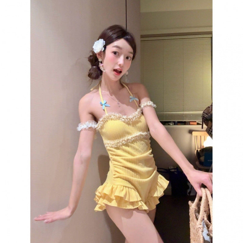 Ruffled One-Piece Swimsuit Figure-Flattering Yellow Monokini