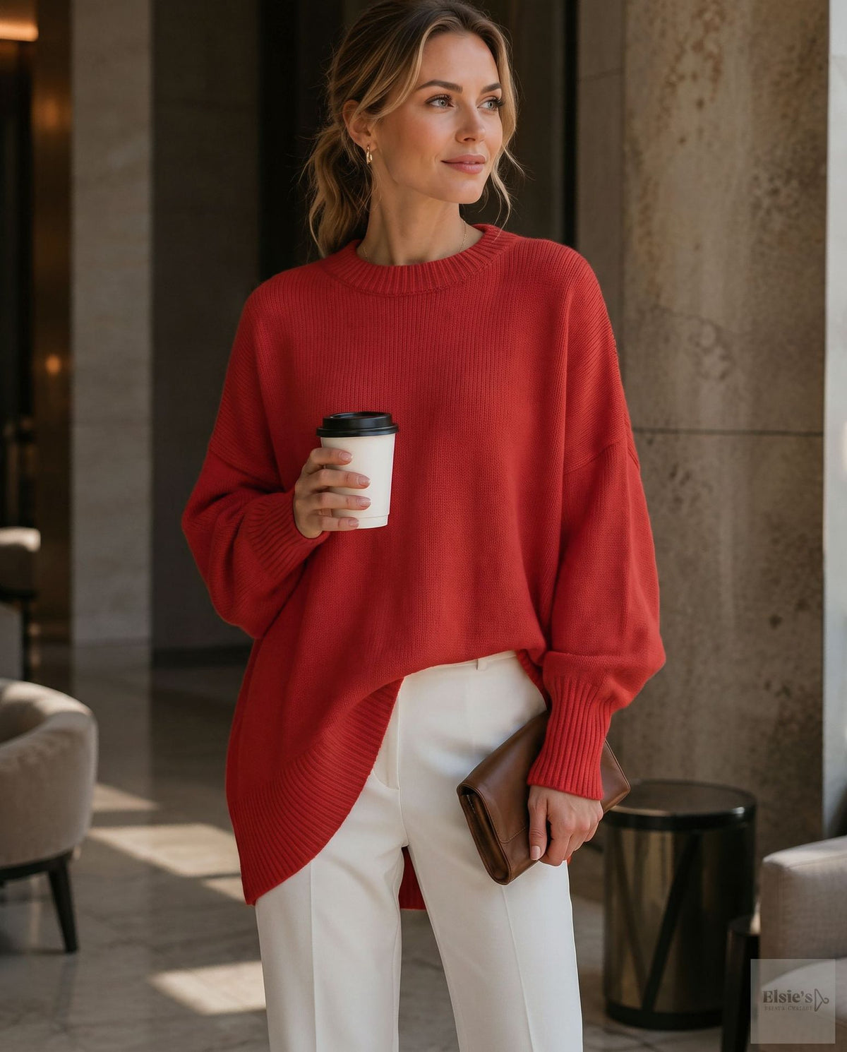 Womens Loose-fitting, Laid-back Style Crew-neck Knit Sweater