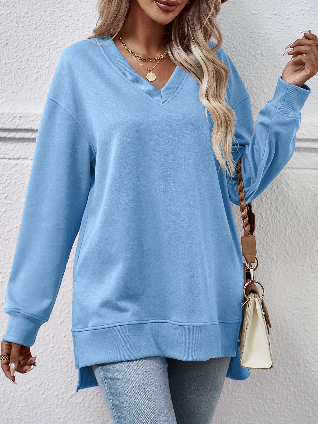 V-Neck High-Low Split Sweater Pullover