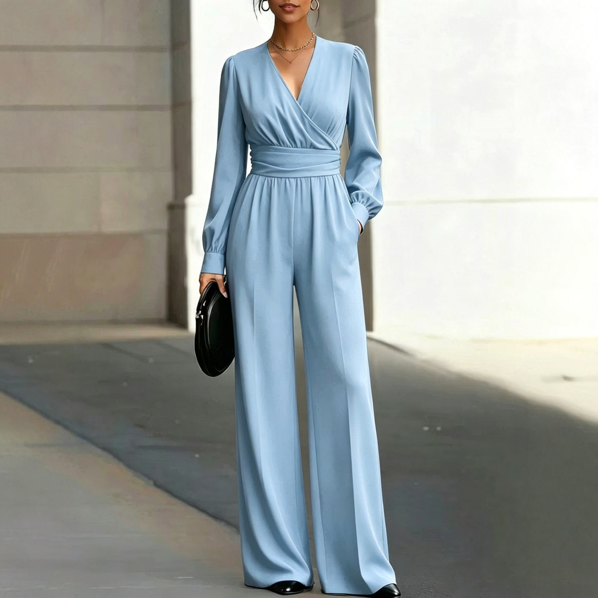 Elegant Long-Sleeve V-Neck Jumpsuit with Fitted Waist