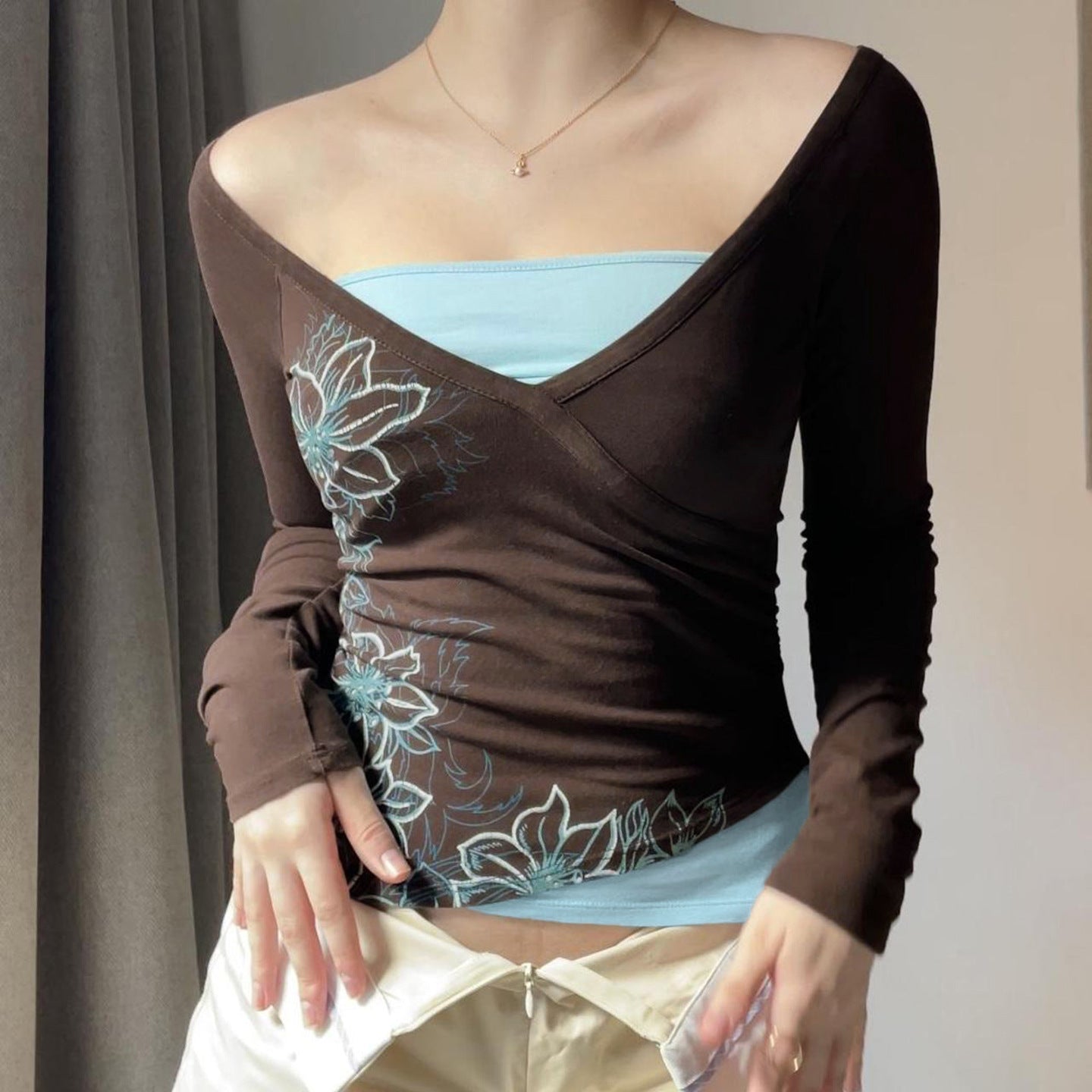 Floral Color-Block Mock Two-Piece Long-Sleeve Top for Women