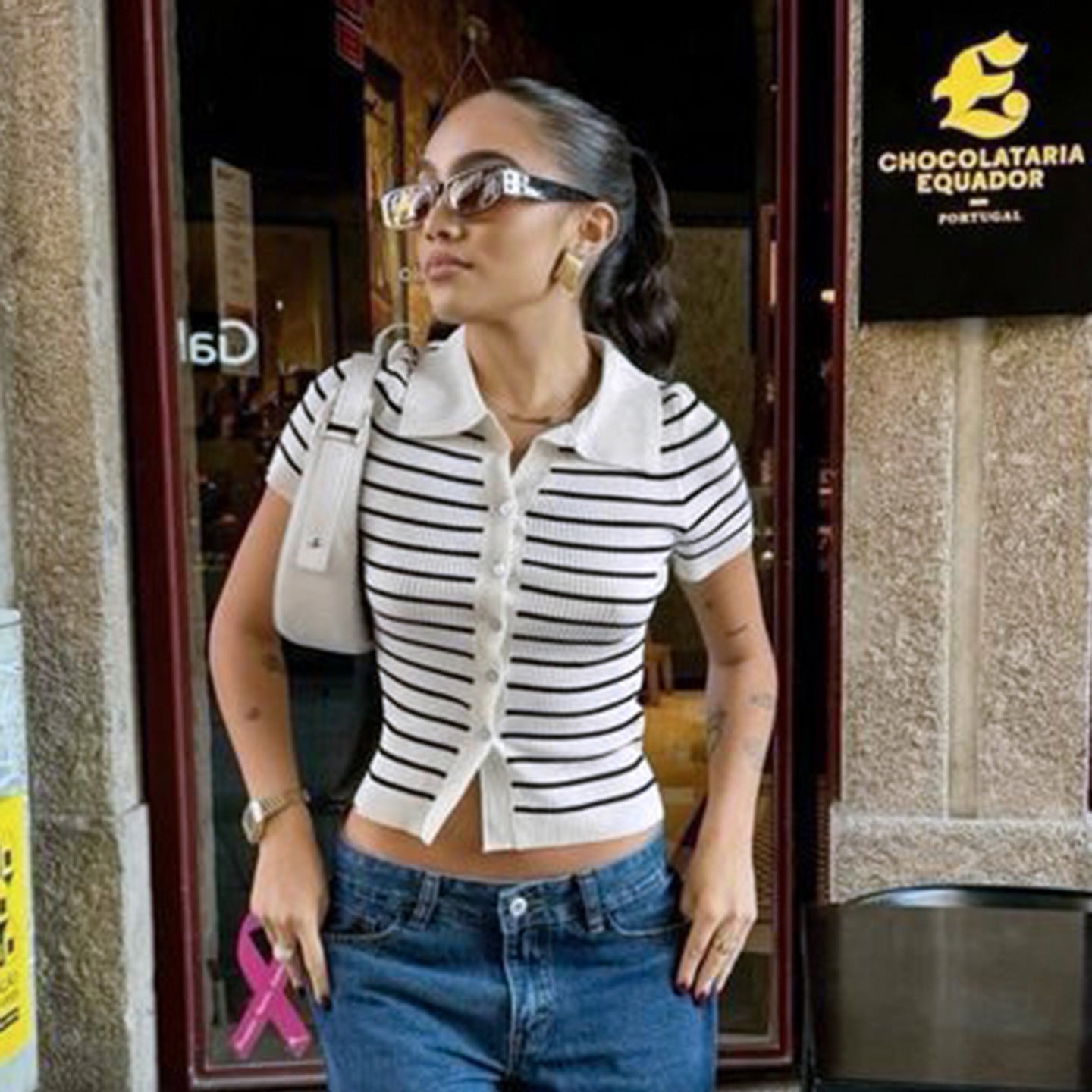 Striped Wool Cardigan Top – Short Sleeve, Slim Fit, Versatile Layering