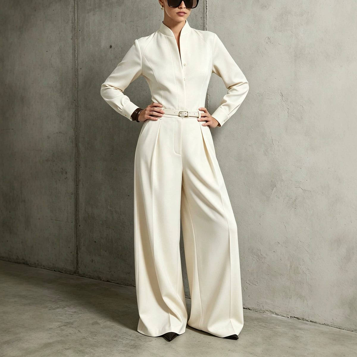 Chic Stand-Collar Long Sleeve Wide-Leg Jumpsuit