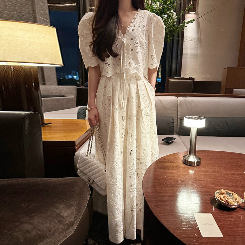 Embroidered Top High Waist Pleated Skirt Two-piece Set