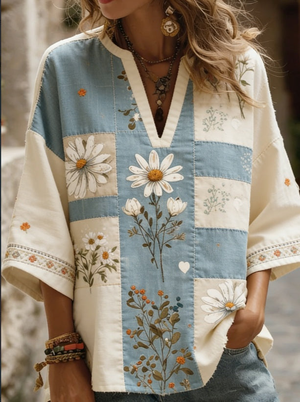 Floral V-Neck Chiffon Blouse – Loose Fit, Three-Quarter Sleeves