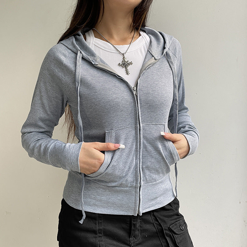 Women's Gray Ribbed Hooded Zip-Up Short Cardigan Sweater