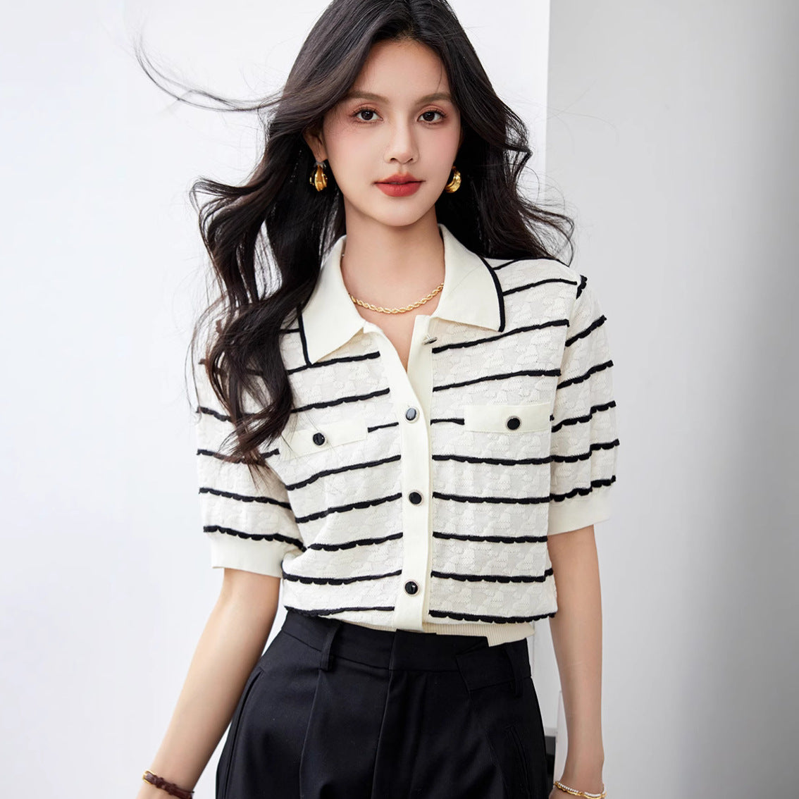 Slimming Striped Polo Collar Shirt – Black & White Short Sleeve