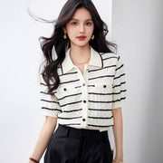 Slimming Striped Polo Collar Shirt – Black & White Short Sleeve