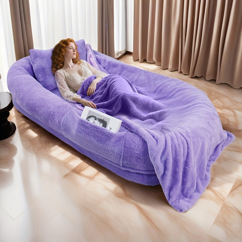 Human Dog Bed, 71''x45''x12'' Size Fits You And Pets, Washable Faux Fur Dog Bed for People Doze Off, Napping Orthopedic Dog Bed, Present Plump Pillow, Blanket, Strap, Round Large