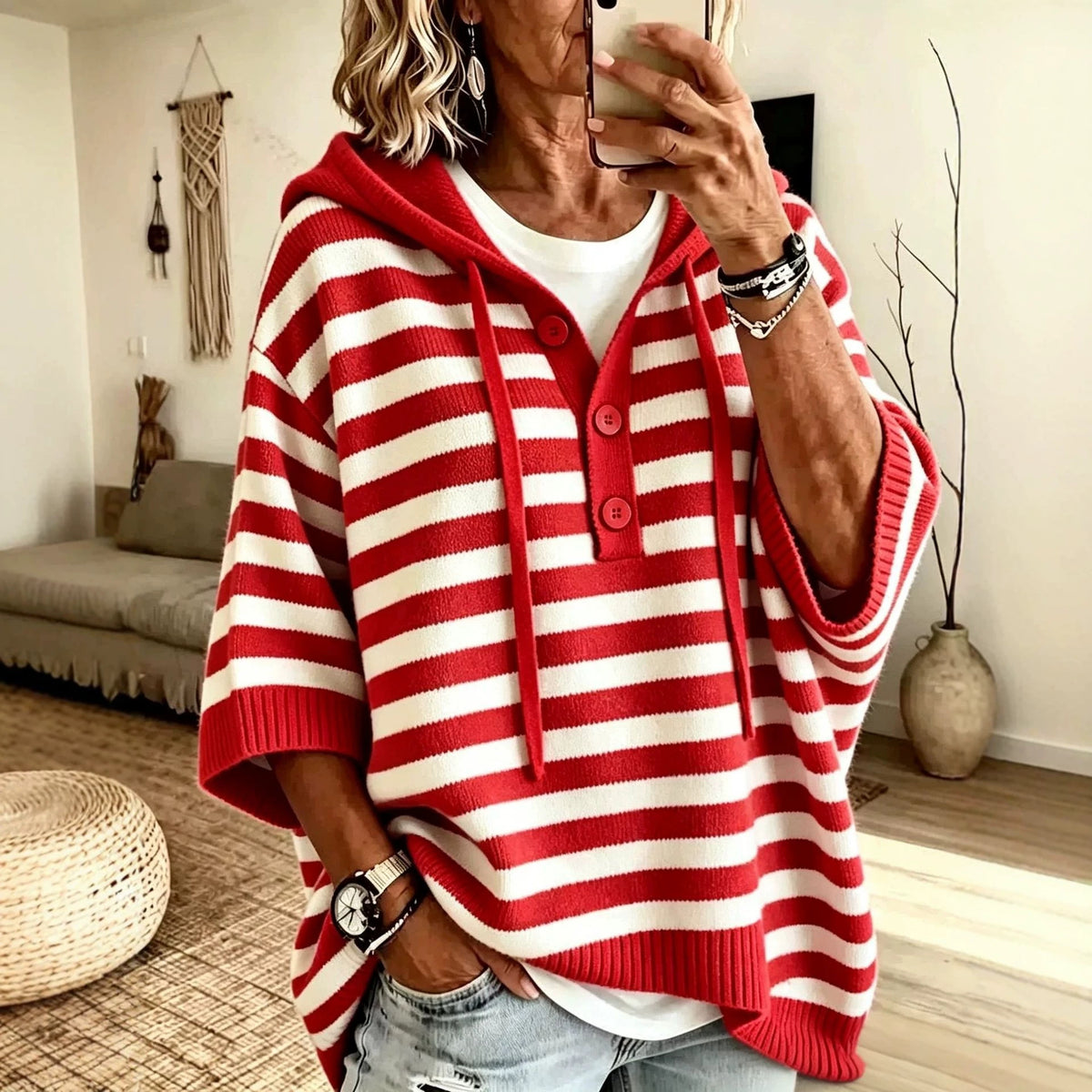 Hooded Knitted Sweatshirt with Drawstrings