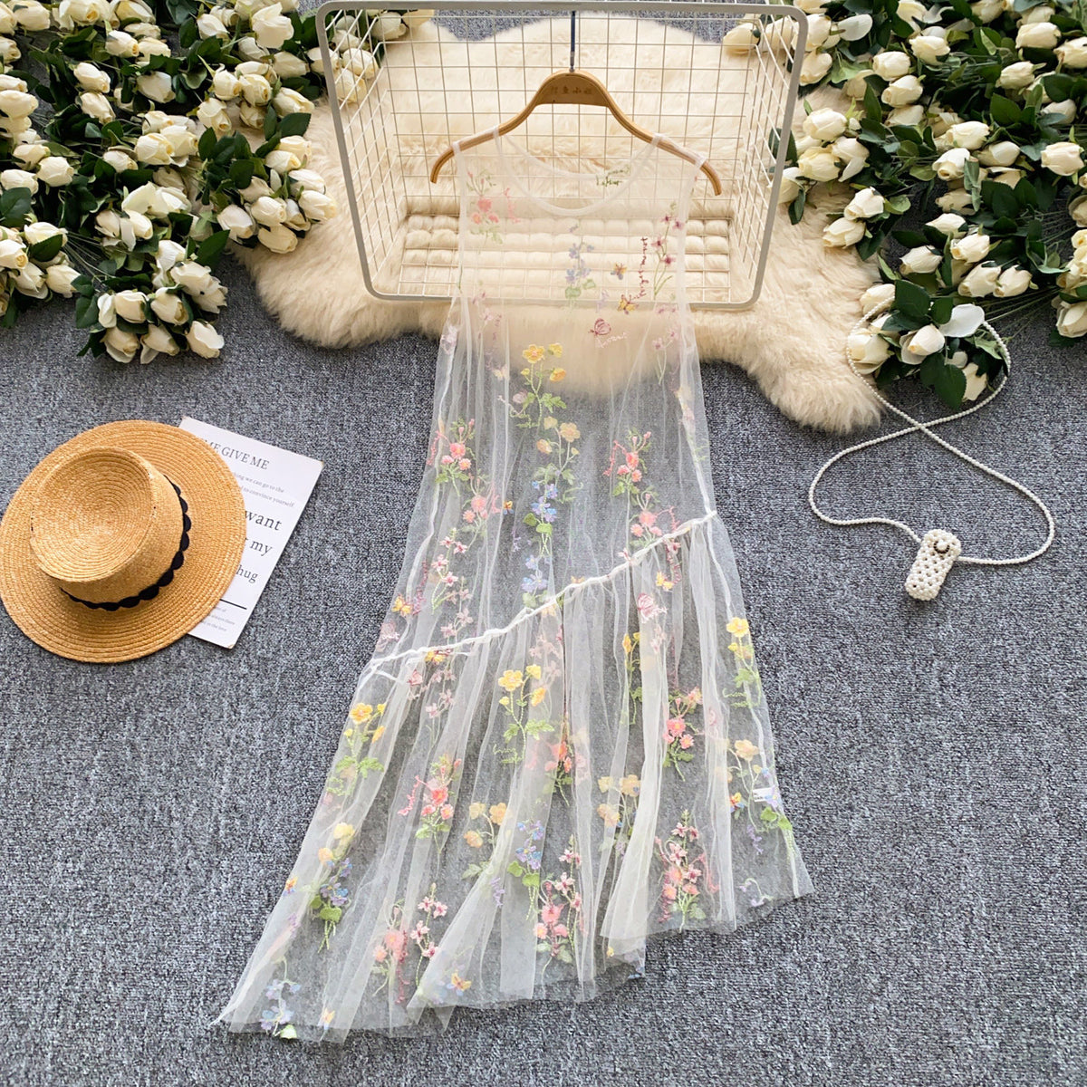 Womens Sleeveless French-style Three-dimensional Floral Mesh Dress