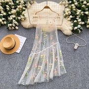 Womens Sleeveless French-style Three-dimensional Floral Mesh Dress
