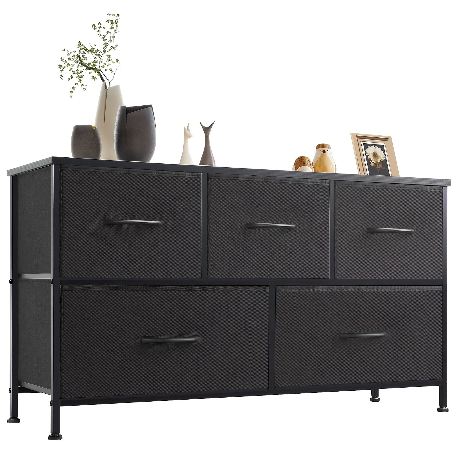 5-Drawer Wide Dresser with Fabric Bins, Freestanding Wood Chest – Khaki/Green