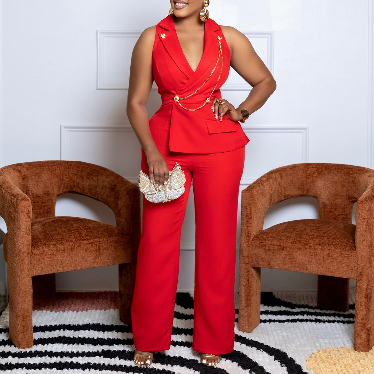 Chic Chain-Accent Wide-Leg Suit Collar Jumpsuit