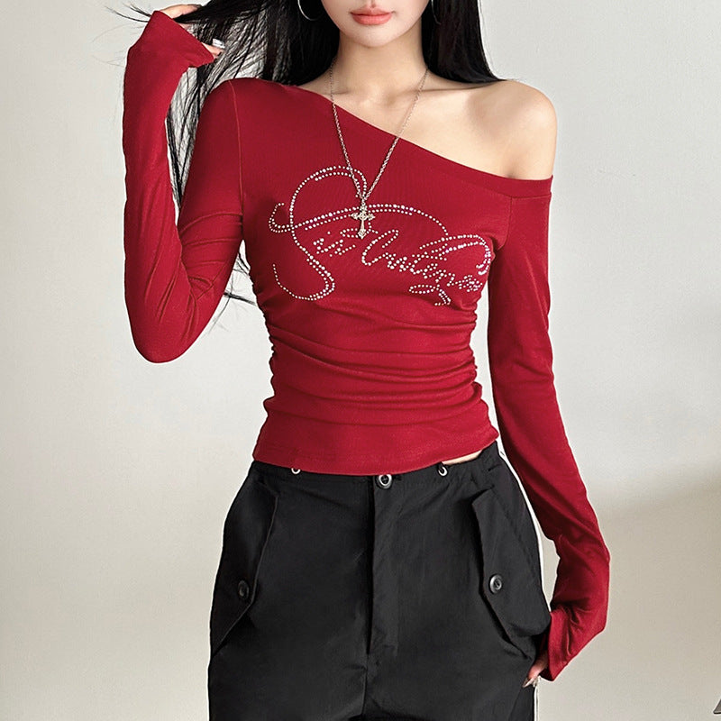 Trendy Off-Shoulder Slash Neck Letter T-Shirt