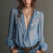 Embroidered Ruffle-Trimmed Zipper Chiffon Shirt For Women