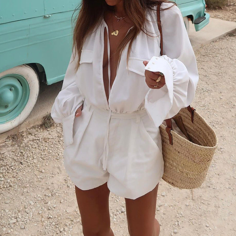 European And American Fashion Solid Color Loose Cotton And Linen Jumpsuit