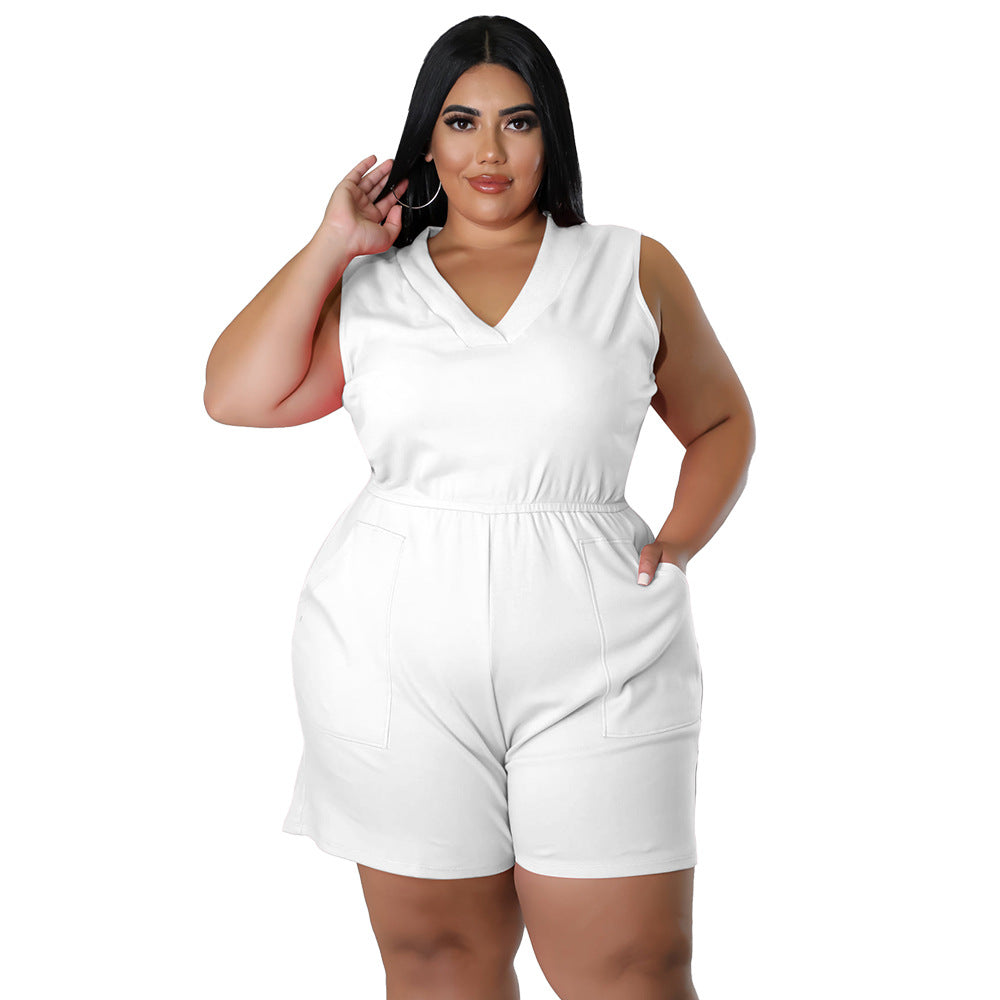Plus Size V-Neck Casual Sleeveless Waist Overalls Romper