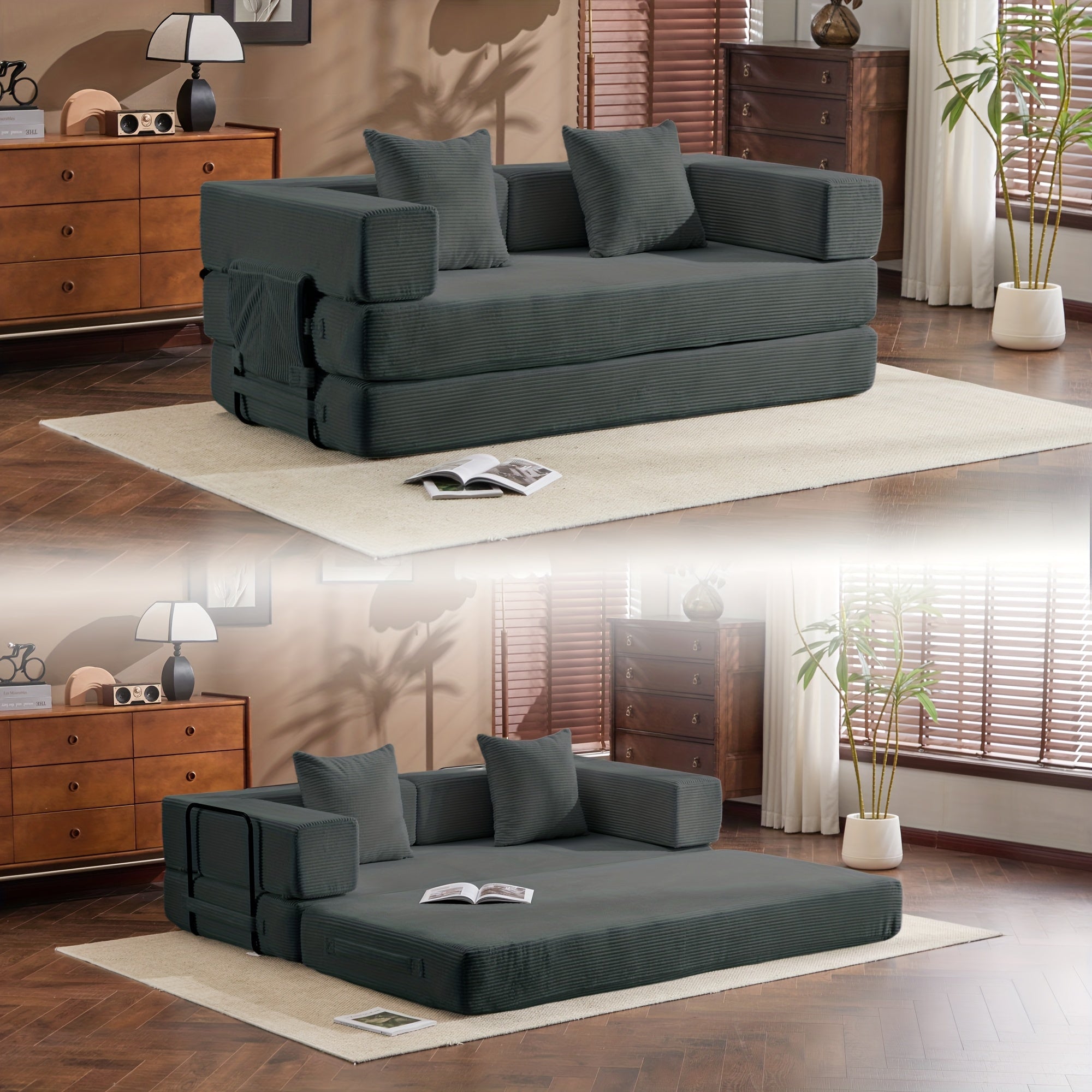 Modular L-shaped chaise longue sofa bed with deep seat and corduroy upholstery