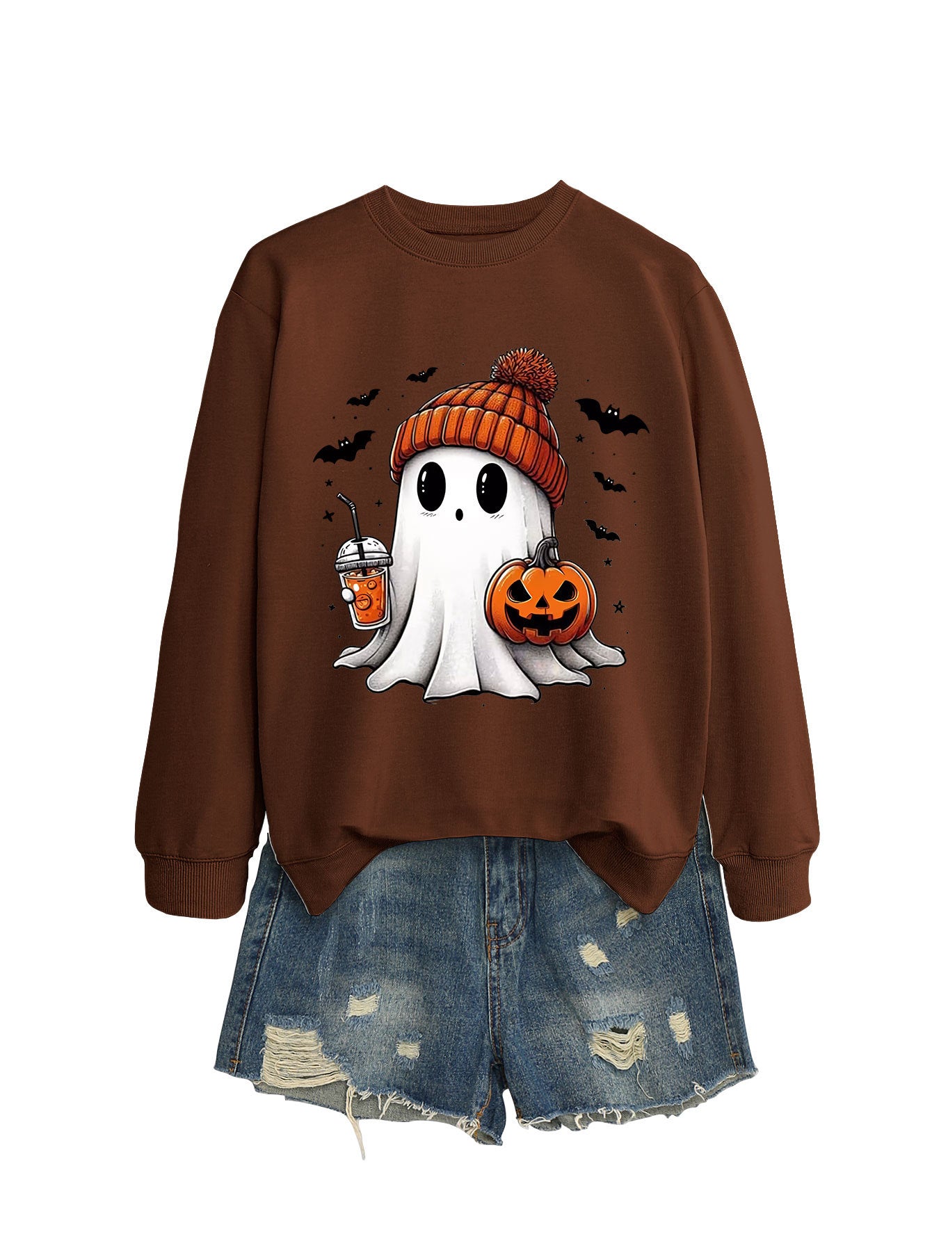 Pumpkin Print Long Sleeve Crew Neck Sweatshirt