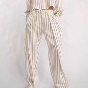 Spring Womens Blouse Striped Pleated Pants