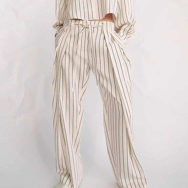 Spring Womens Blouse Striped Pleated Pants