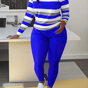 Women's Striped Long Sleeve T-Shirt and Solid Color Long Pants Set