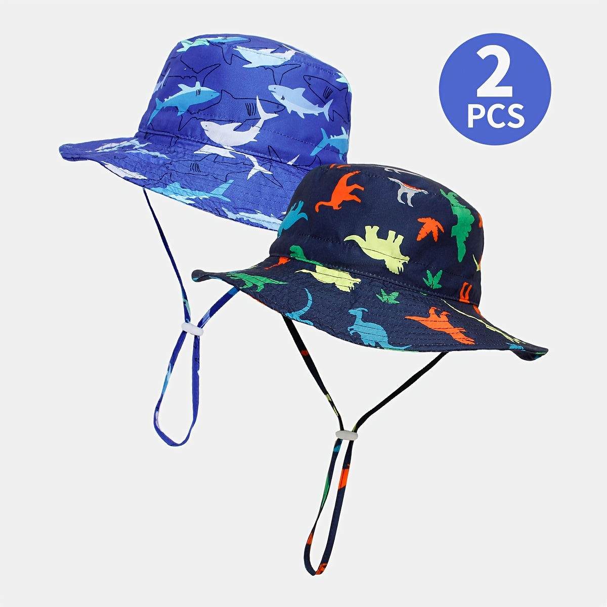 2‑Pack Cartoon Fisherman Hats – Shark and Dinosaur Prints with Drawstring, Lightweight Breathable Outdoor Caps