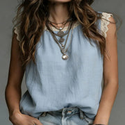 Womens Lace-Patchwork Crew-Neck Sleeveless Cotton-Linen Shirt