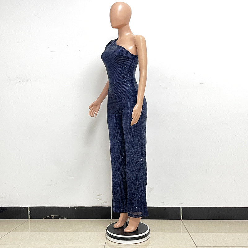 Glamorous One-Shoulder Sequined Wide-Leg Jumpsuit