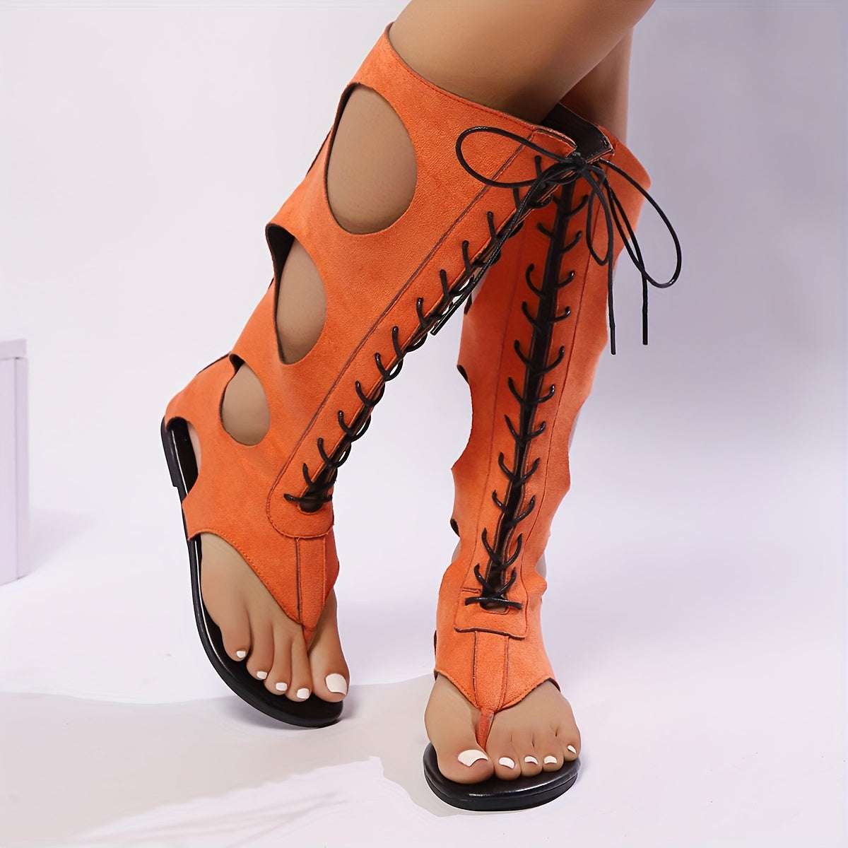 Women's Over-the-Knee Flat Boots with Lace-Up Hollow Design and Fabric Covered Open Toe