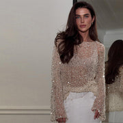 Sequined Hollow-out Long-sleeved Top Casual Style Loose Knitted