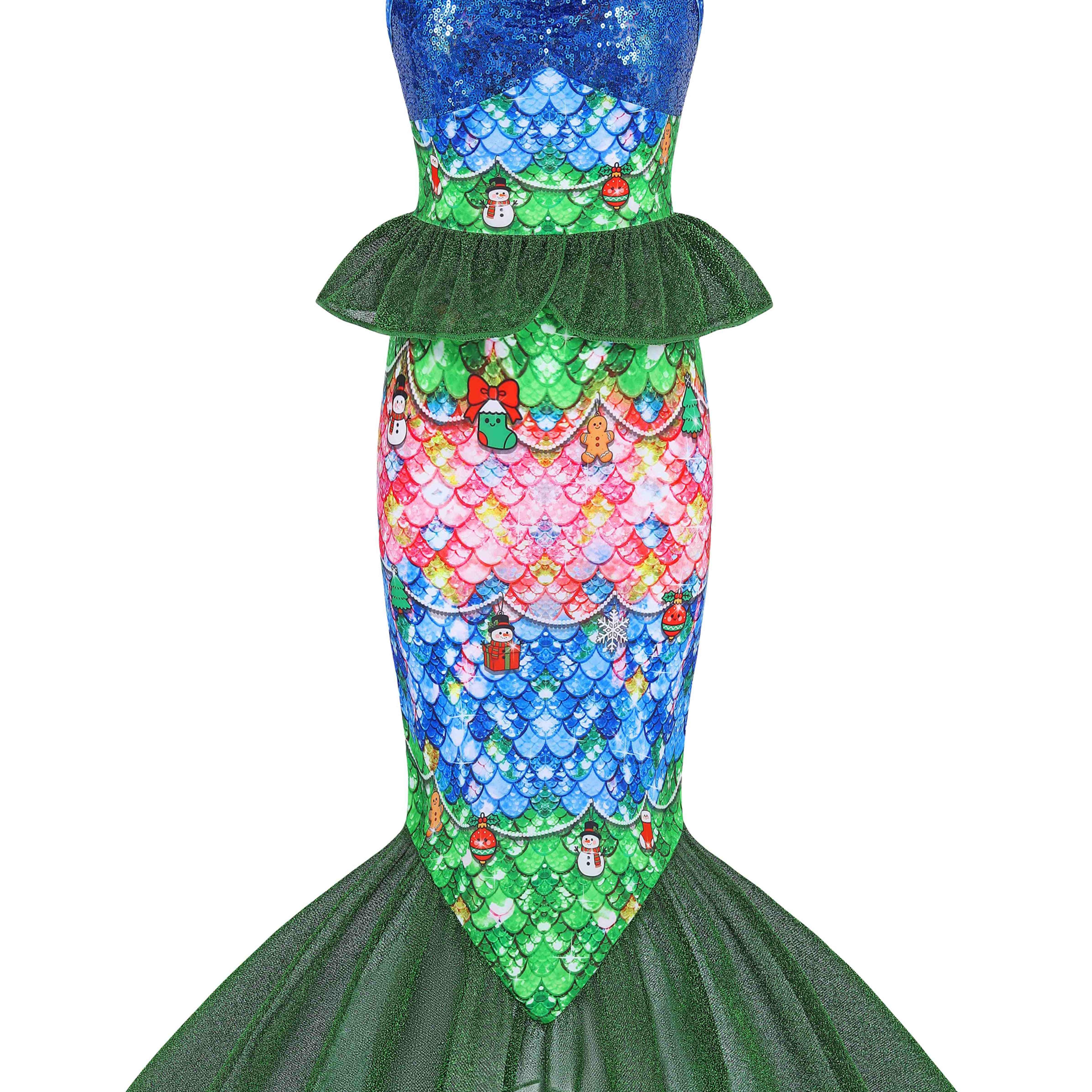 Girls Mermaid Dress with 3D Tail and Ruffled Skirt