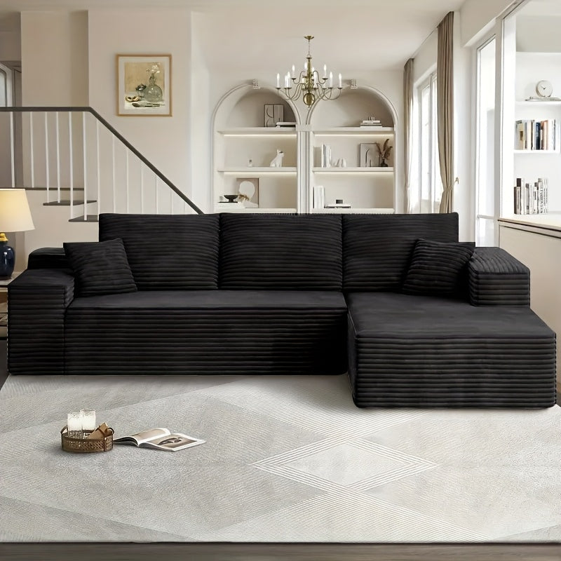 Modular L-shaped chaise longue sofa bed with deep seat and corduroy upholstery