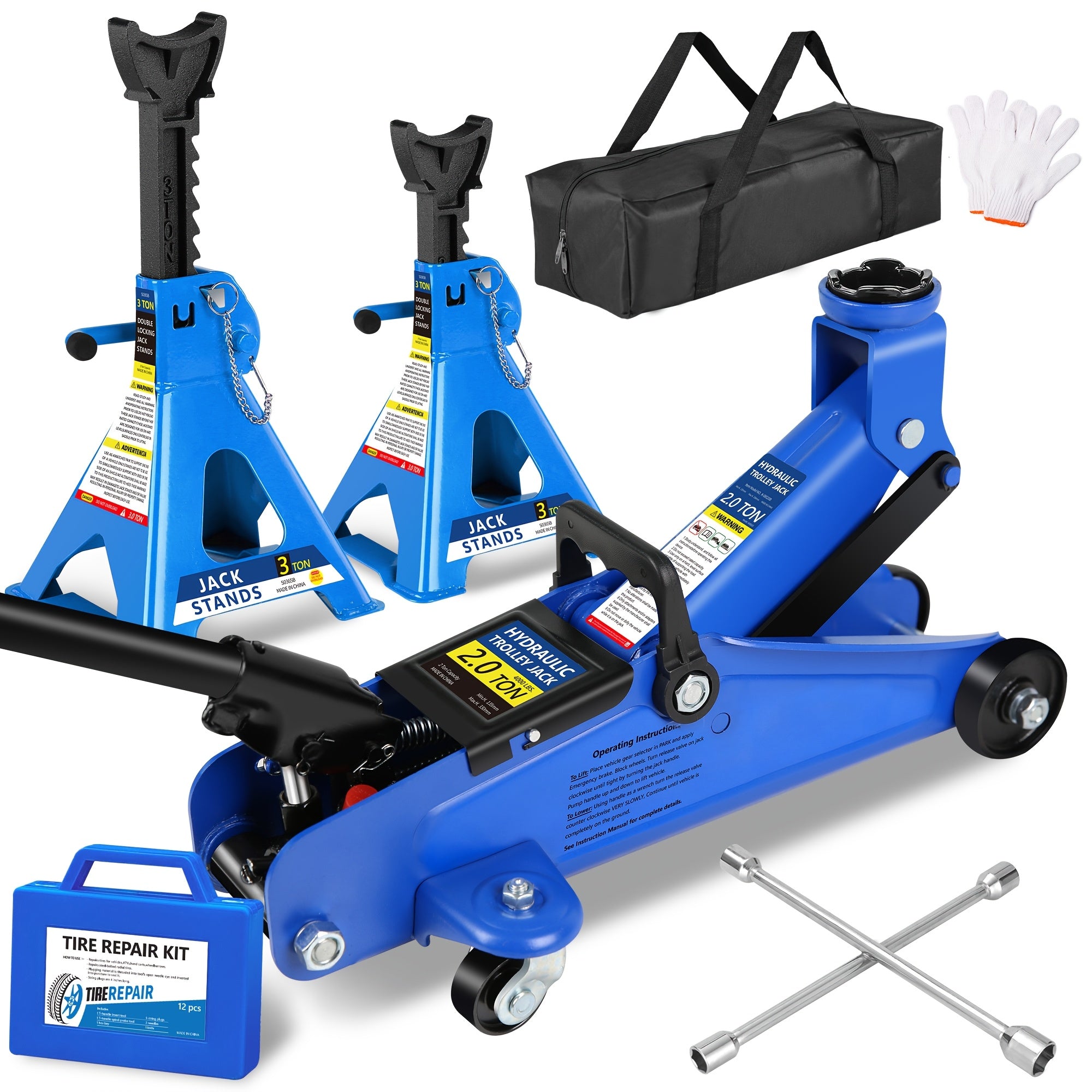 2/2.5/3 Ton Capacity Floor Car Jack Low Profile Garage Hydraulic Trolley Service Lift Floor Jack Combo with With 2 Ratchet 3 Ton Jack Stands, Tire Repair Kit, 14-inch Wheel Cross Wrench, Wheel...