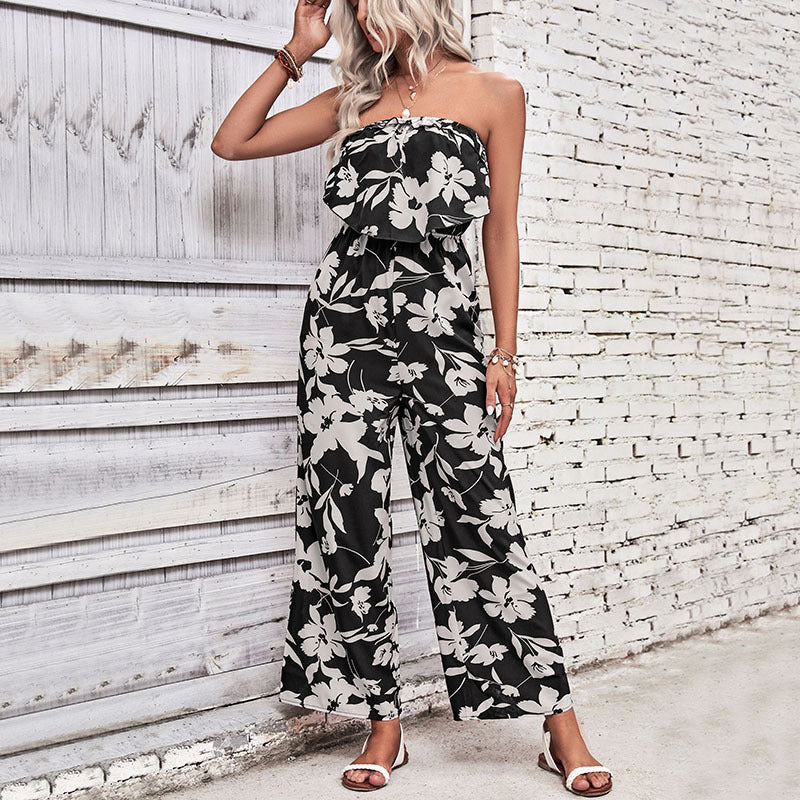 European And American-style Womens Strapless Printed Jumpsuit