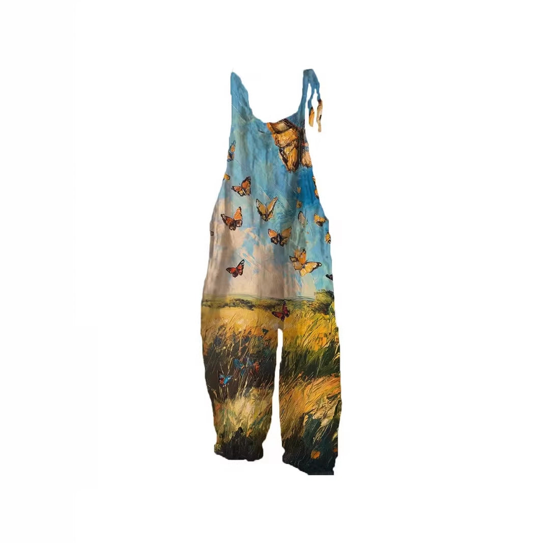 3D Printed Casual Suspender Overalls & Wide-Leg Pants