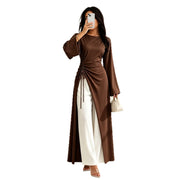 Elegant Dress with Side Drawstring Waist Flared Sleeves and a Slit…