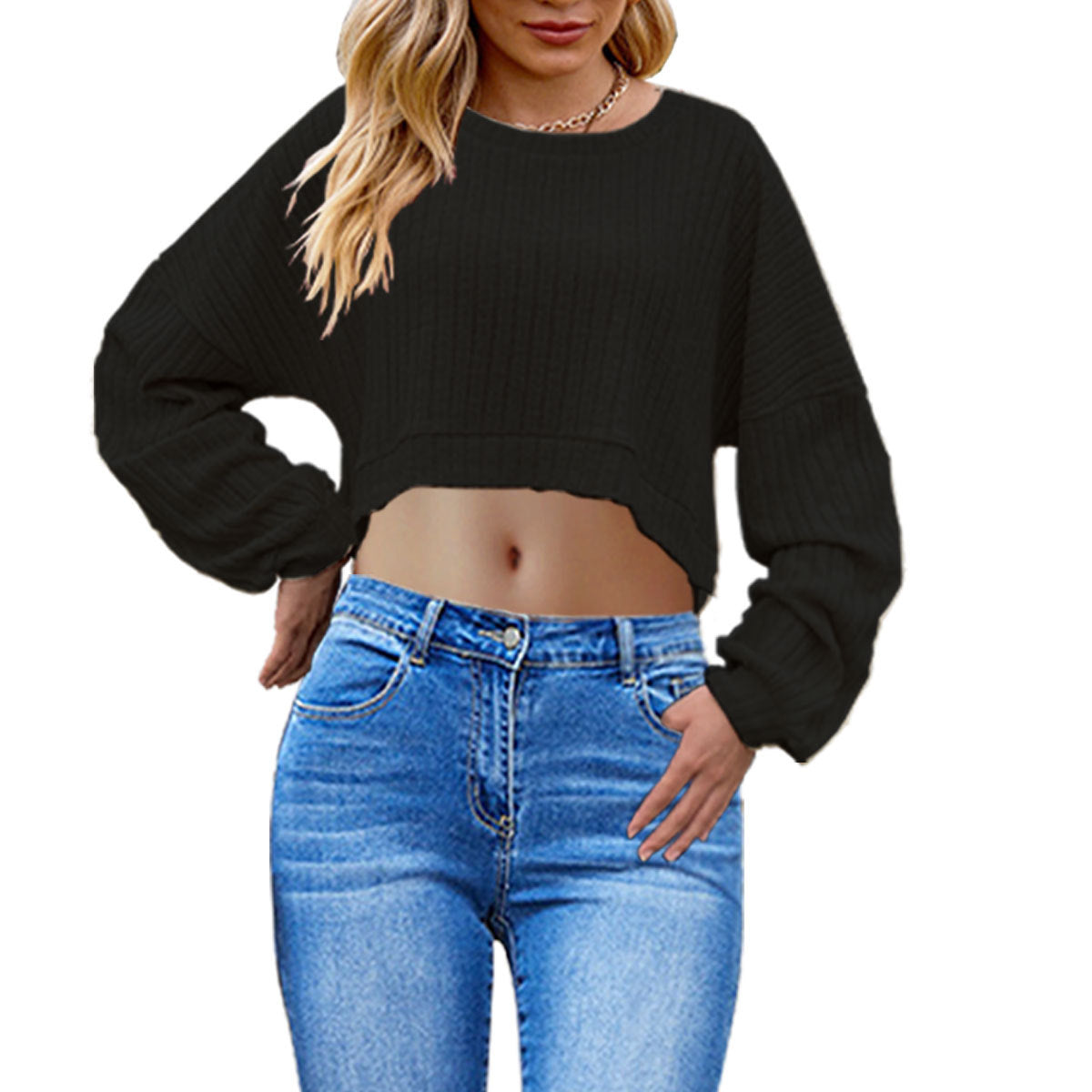 Chic Stripe Knitted Crop Top with Long Batwing Sleeves