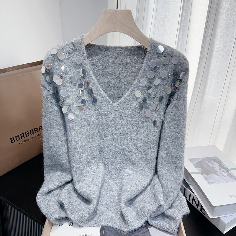 Heavy Embroidery Sequins Diamond V Neck Pullover Lazy Sweater