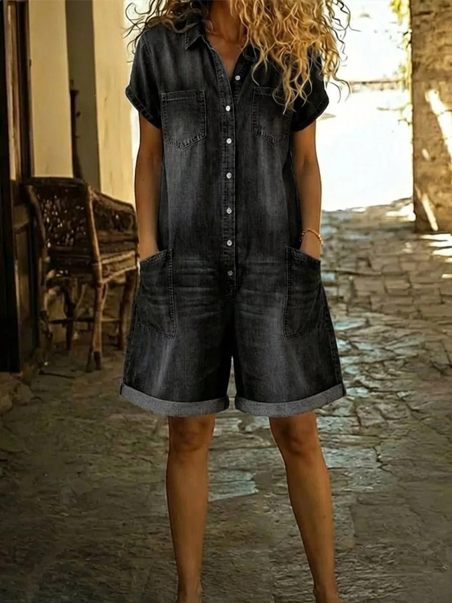 Washed Denim Short-Sleeve Pocket Jumpsuit