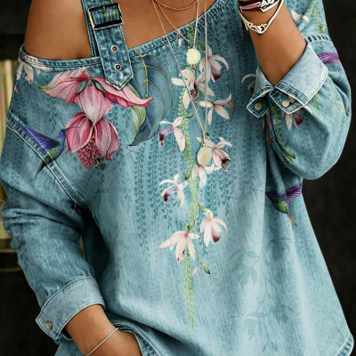 Printed Slant-Neck Off-Shoulder Long Sleeve Top – Loose Fit