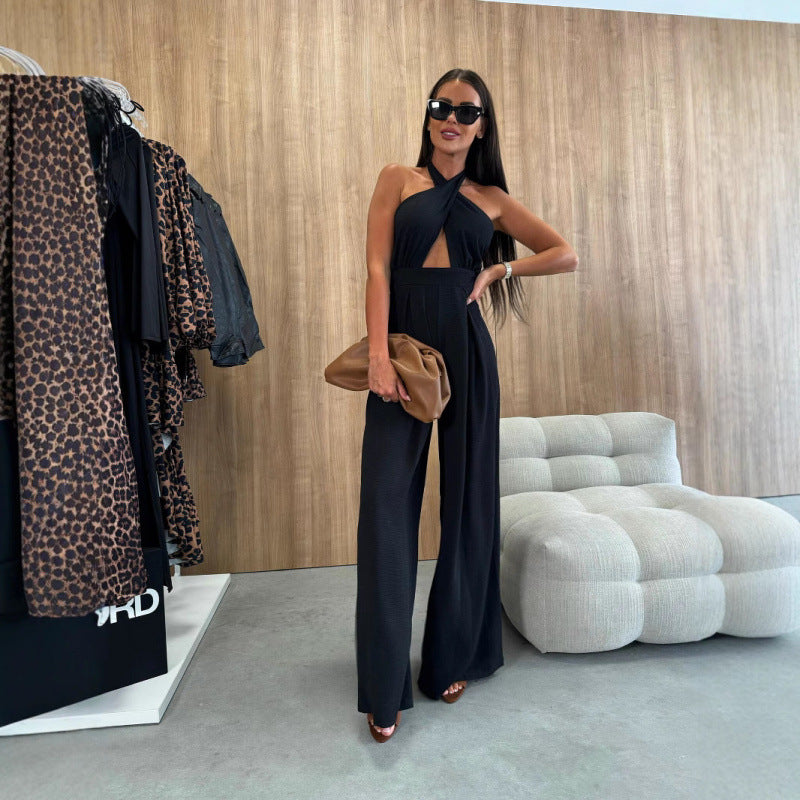 Sexy Halter Backless Waist-Cinching Wide-Leg Jumpsuit