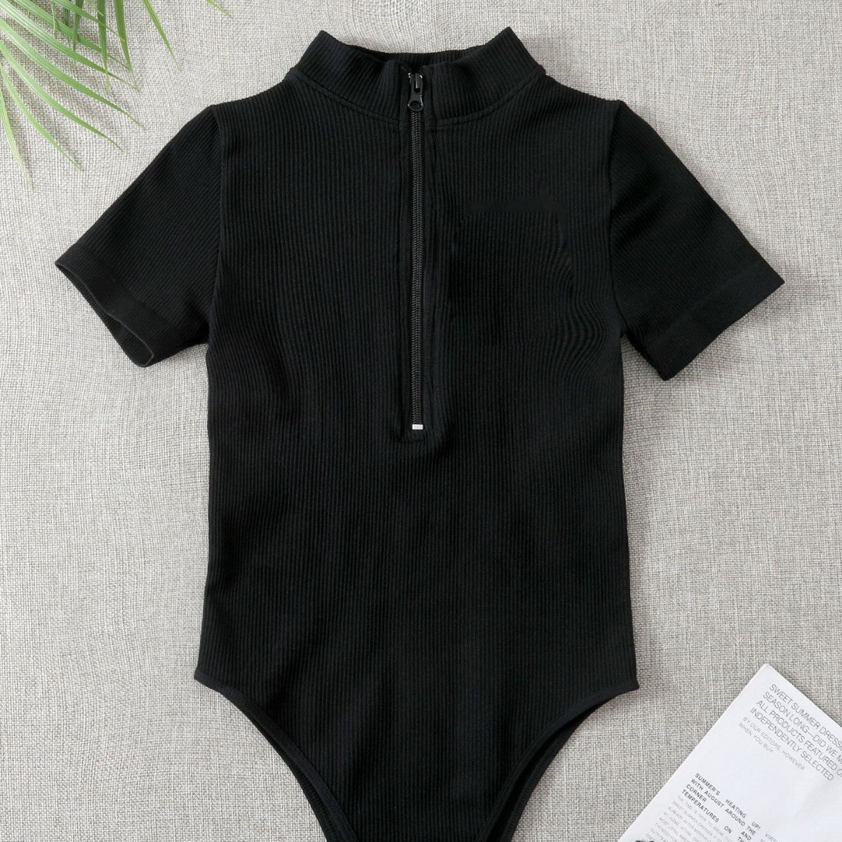 Ribbed Zip-Up Turtleneck Short Sleeve Bodysuit