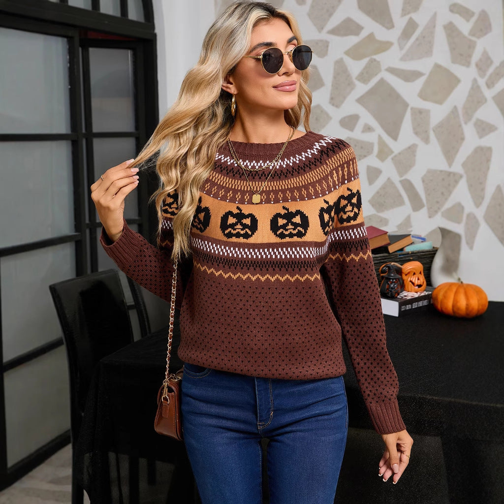 Women's Halloween Pumpkin Embroidered Retro Long-sleeved Sweater