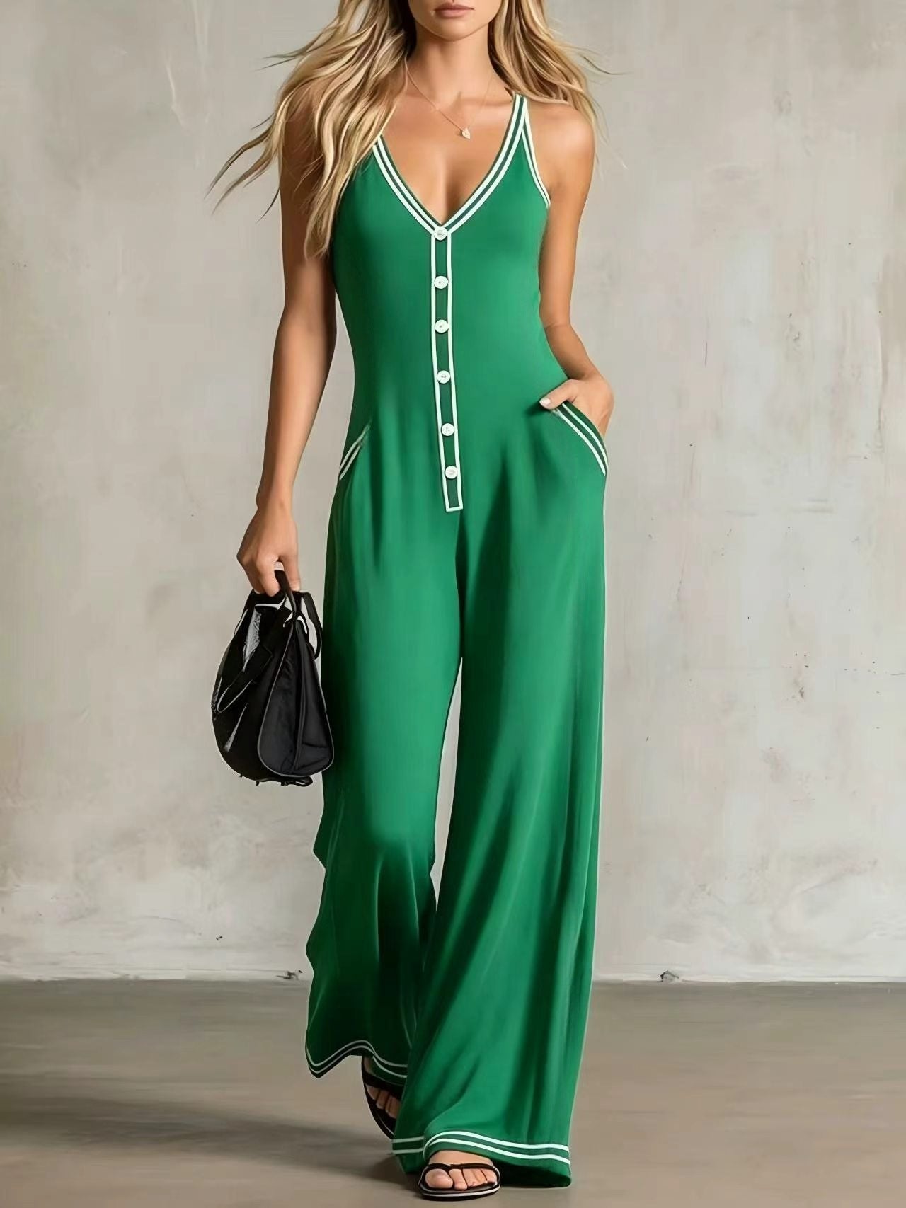 Chic French-Style Color-Block Button Strap Jumpsuit