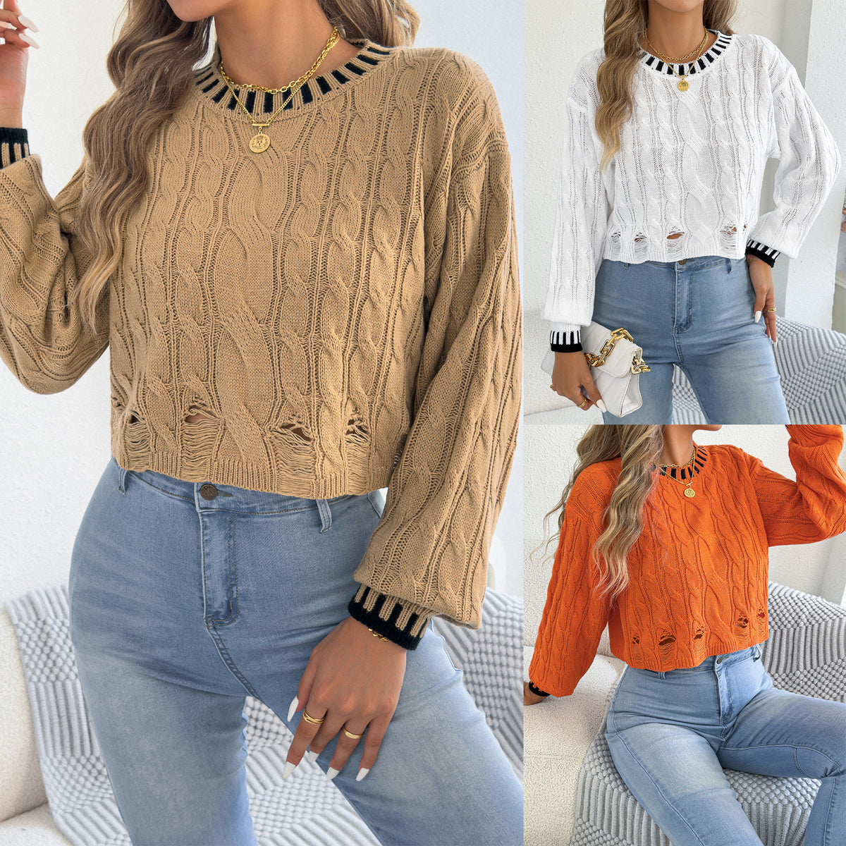 Womens Casual Color-block Puff-sleeve Sweater