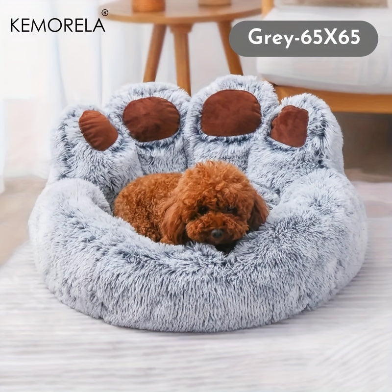 KEMORELA Plush Pet Bed KEMORELA Soft Bear Paw-Shaped Plush Pet Bed | Non-Slip Bottom, Polyester & Polyester Fiber Fill, Cozy Warm Cat & Dog Bed for Small Pets, Cute Animal-Themed